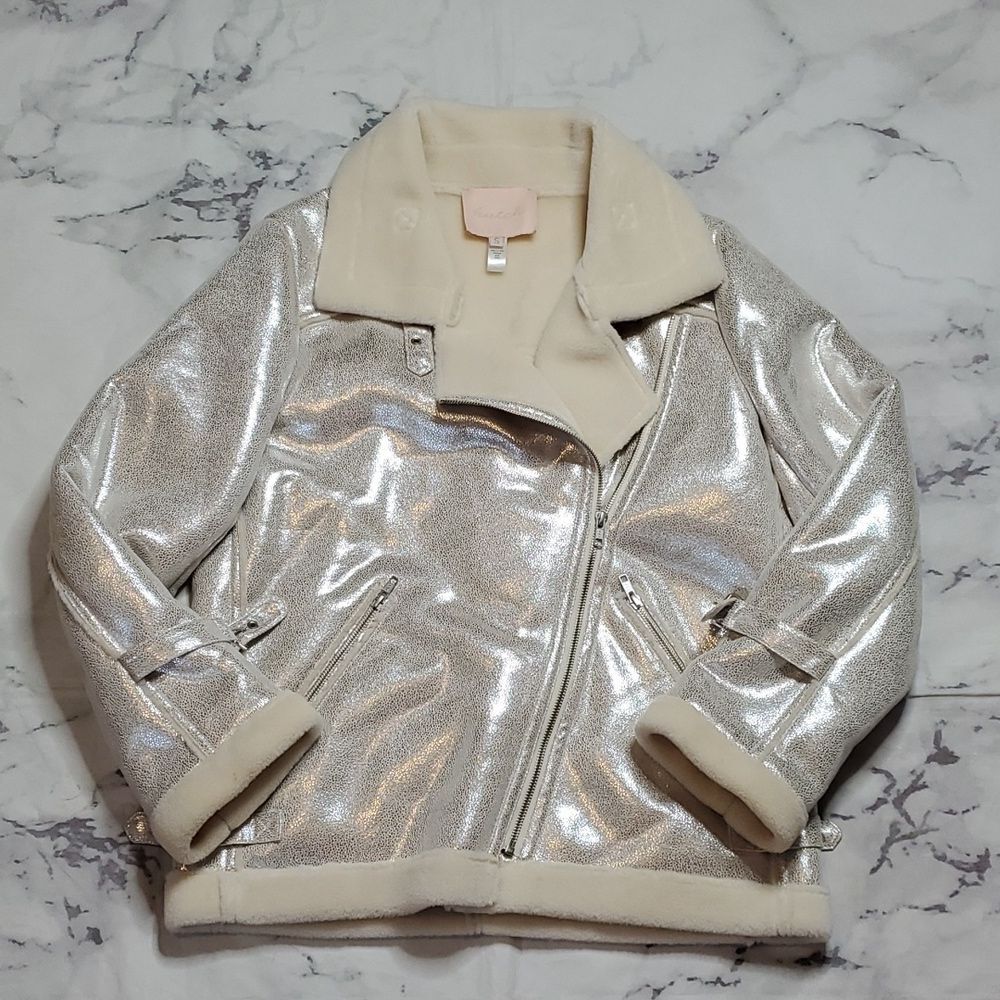 Hutch Anthropologie Silver Metallic Jacket with Cream Accents